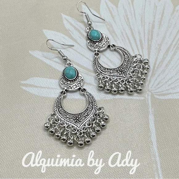 Turquoise silver statement chandelier earrings dangle long western - Picture 1 of 4